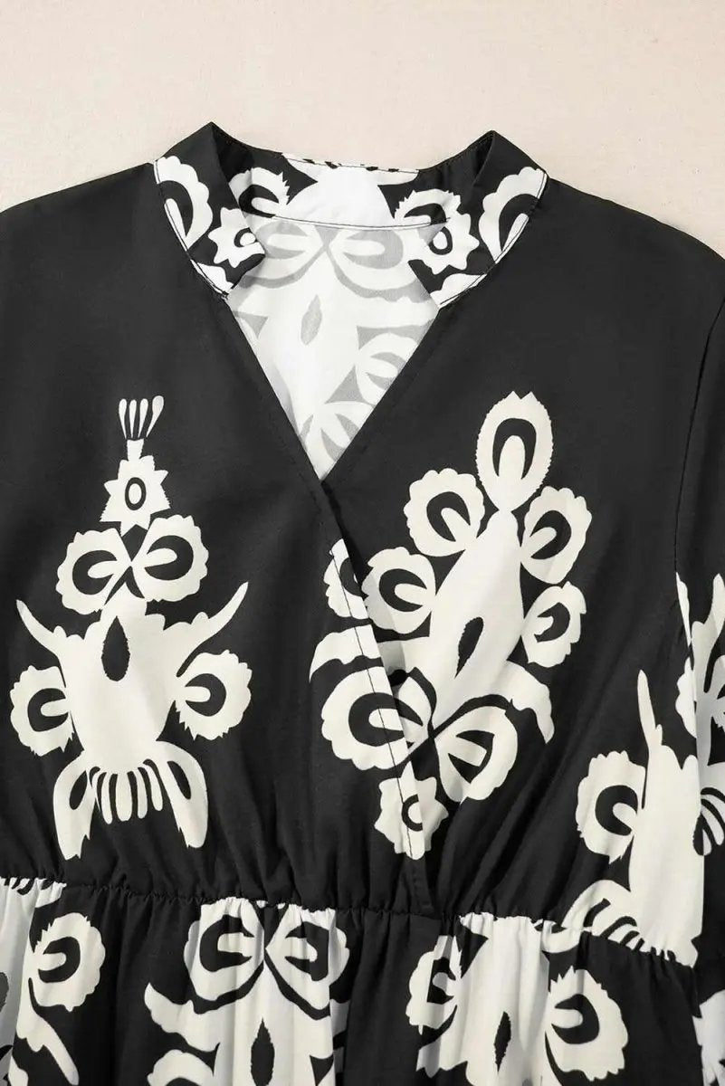 Black Western Geometric Print 3/4 Sleeve Loose Midi Dress - Love Salve